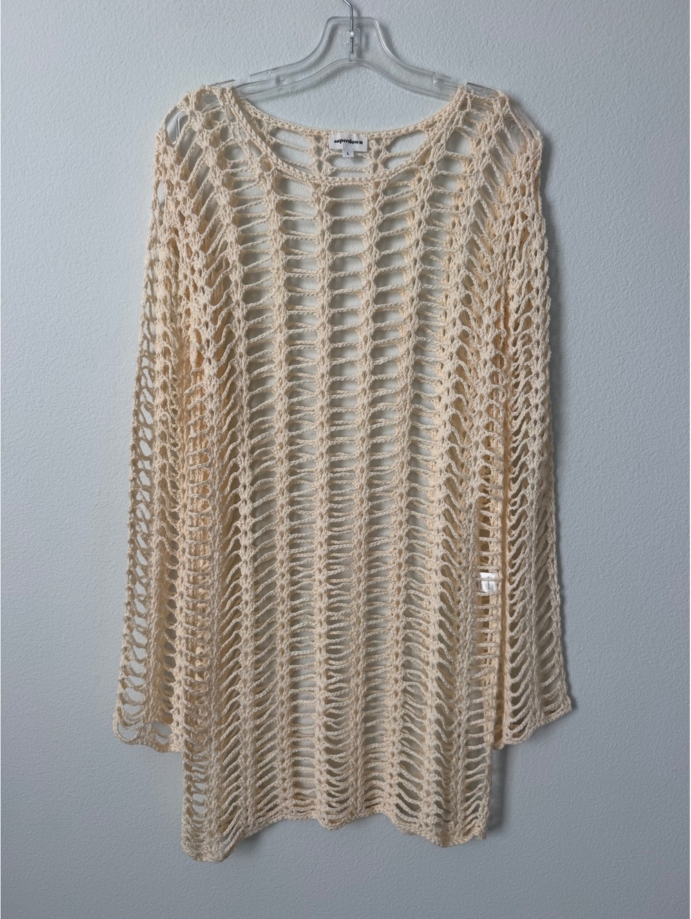 Superdown Open Knit Crochet Mesh Long Sleeve Round Neck Cream Cover Up Size L